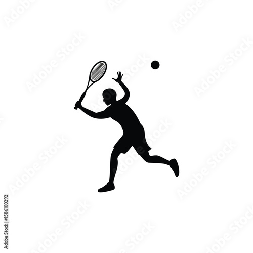 Male tennis player silhouette hitting a forehand shot with a tennis ball isolated on a white background