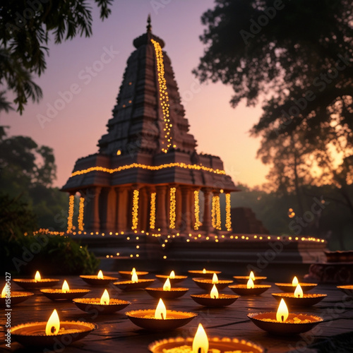 Illuminated diya lamps at sunset with temple and fairy lights in background
