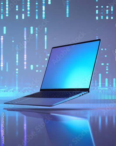 Futuristic silver laptop with glowing blue holographic screen floating in mid-air over digital matrix background with soft blue and purple tones. High-tech innovation concept.