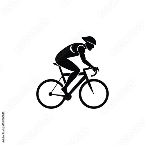 Stylized black silhouette of a cyclist riding a bicycle isolated on a white background