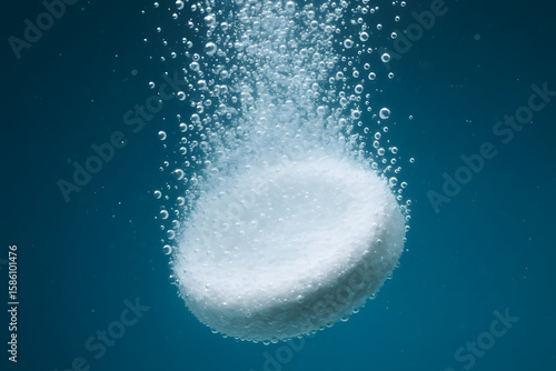 Effervescent Tablet Dissolving: A macro shot of an effervescent tablet submerged in water, releasing a cascade of bubbles, illustrating the process of dissolution in a refreshing and dynamic way.