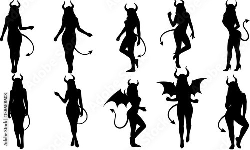 Vector of beautiful sexy devil women silhouettes isolated
