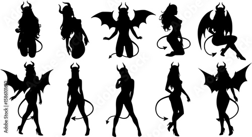Vector of beautiful sexy devil women silhouettes isolated
