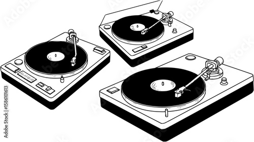 Three vector images of a turntable
