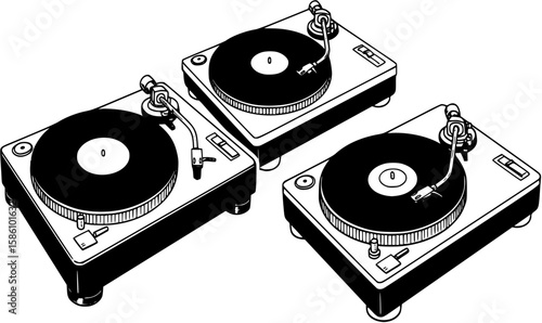 Three vector images of a turntable
