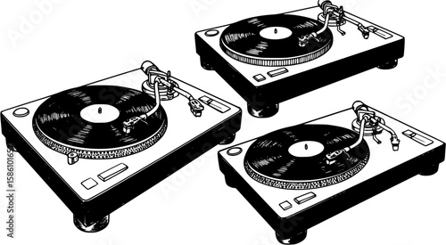 Three vector images of a turntable
