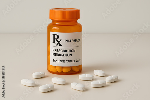 Prescription medication: A clear image of a prescription bottle with white pills, symbolizing health, medication and treatment.
