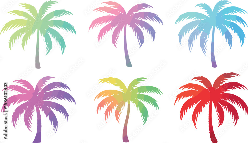 Obraz premium Colorful palm tree silhouettes, tropical summer design, gradient palm clipart, beach theme vector, rainbow palm art, exotic island illustration