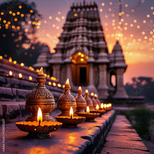 Illuminated diya lamps at sunset with temple and fairy lights in background
