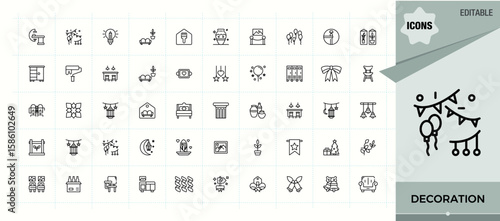 Decoration line icon set. Contain linear symbols furniture, art and design, house, architecture, decor, room, home and more. Interior icon. Collection for mobile and web apps. Vector illustration.