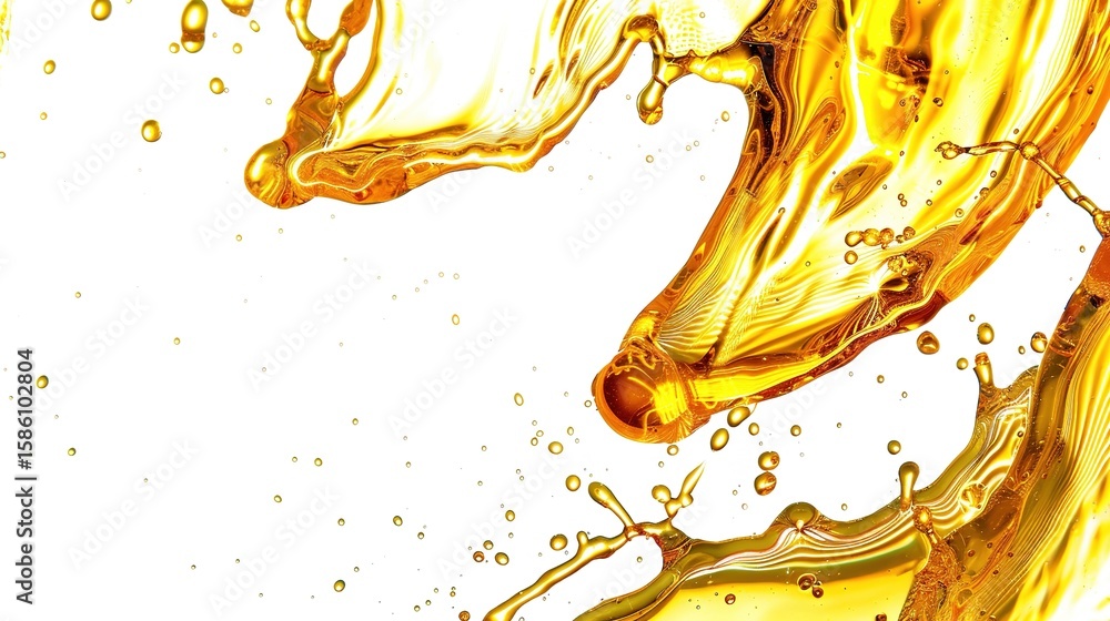 Fototapeta premium Liquid Dynamism: Dramatic Oil Splashed Out Scenes – Golden Droplet Arcs, Iridescent Surface Spreads, Explosive Splatter Patterns, and Glossy Pool Ripples in High-Speed Shots for Culinary Art, Abstract