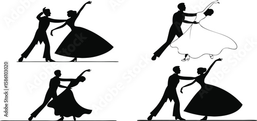Silhouette Ballroom Dance Poses,Tango, Waltz, and Dance Couple Illustrations,Tango dancers silhouette,Set of silhouettes of dancers,Ballroom Dance Duo in Poised Embrace,Refined Silhouette,Elegant Gown