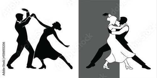 Silhouette Ballroom Dance Poses,Tango, Waltz, and Dance Couple Illustrations,Tango dancers silhouette,Set of silhouettes of dancers,Ballroom Dance Duo in Poised Embrace,Refined Silhouette,Elegant Gown