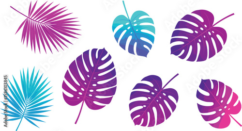 Tropical leaves vector, vibrant jungle foliage, neon monstera and palm, colorful exotic design, gradient summer clipart, modern tropical graphics