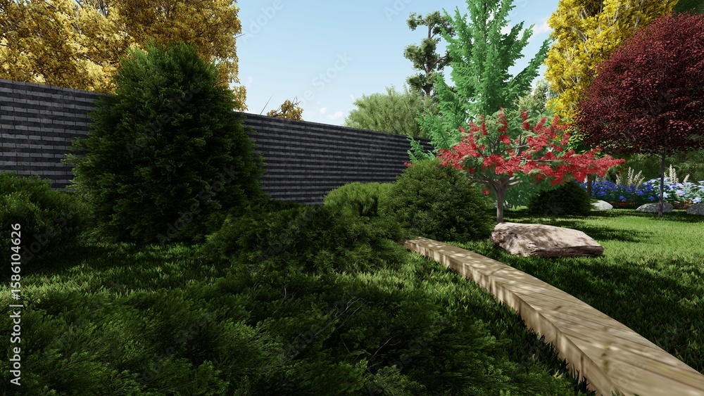 Fototapeta premium 3d image of the landscape design of the home territory. Landscaping of the territory. Computer visualization of composite landscaping and landscaping solutions.