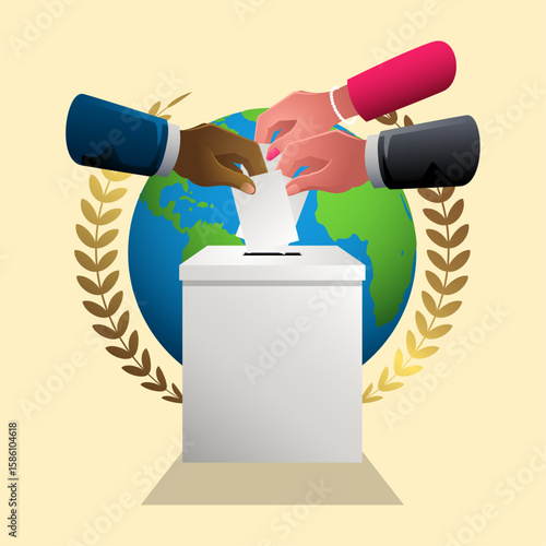 International Day Of Democracy. Vector illustration of diverse hands casting ballots into a box, set against a globe and laurel wreath symbolizing global democracy. 