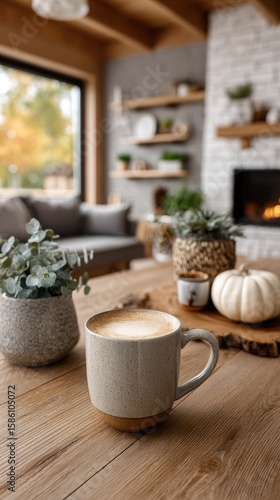 Wallpaper Mural Embrace the autumn atmosphere with a burning fireplace and a hot cup of coffee, creating a warm and inviting space for relaxation Torontodigital.ca