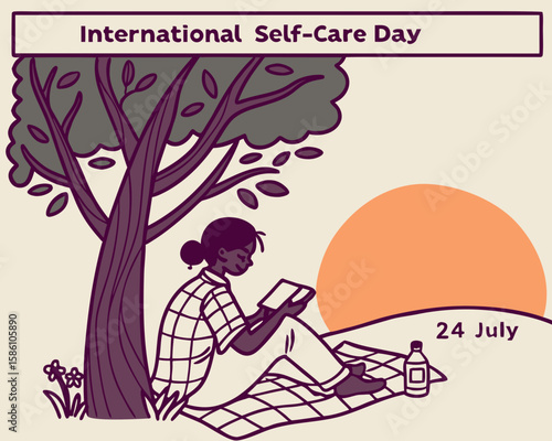 a woman relaxing under a tree in nature with no gadgets, enjoying digital detox on international self-care day, flat outdoor scene
