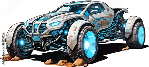 Automotive vehicle illustrations: fast motorbikes, race cars, and sports automobiles on a white background