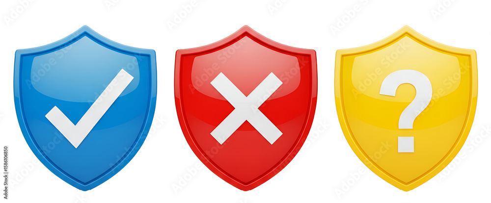 Obraz premium Three colored shields with check mark cross and question mark symbols png isolated on transparent background