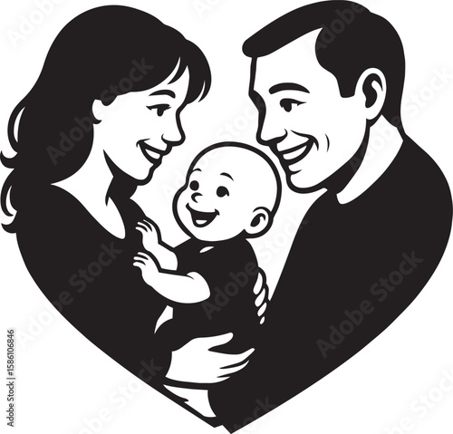 Parents' Love for Baby Mother and Father with Child Silhouette Art black and white 