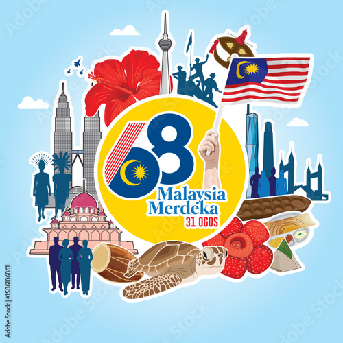 Vector illustration. Malaysia Independence Day, 31 August. 68 years independence day. Malaysia day banner and poster design for social media and print media