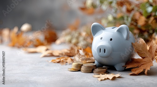 Fototapeta Naklejka Na Ścianę i Meble -  A blue piggy bank rests on the ground surrounded by golden autumn leaves, representing savings and the essence of financial planning