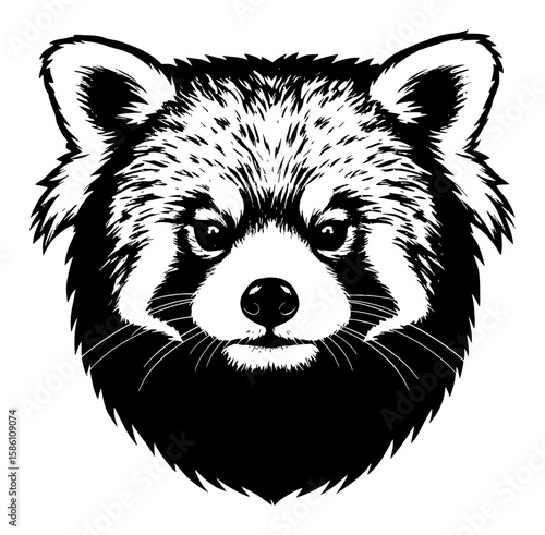 Detailed Red Panda Head Front View Black and White Outline Line Art Drawing Vintage Engraving Style Portrait