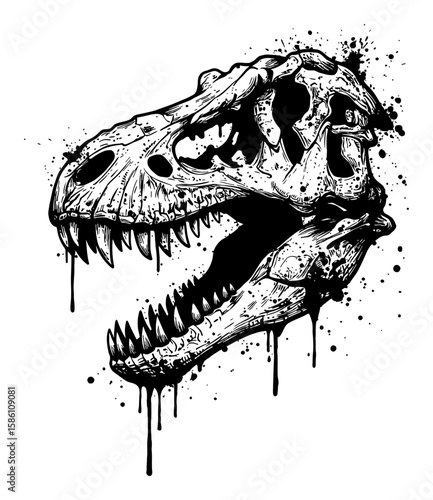 Trex Skull Drip and Splat Abstract Surreal Paint Messy Style Deep Solid Black and White Outline Line Art Drawing
