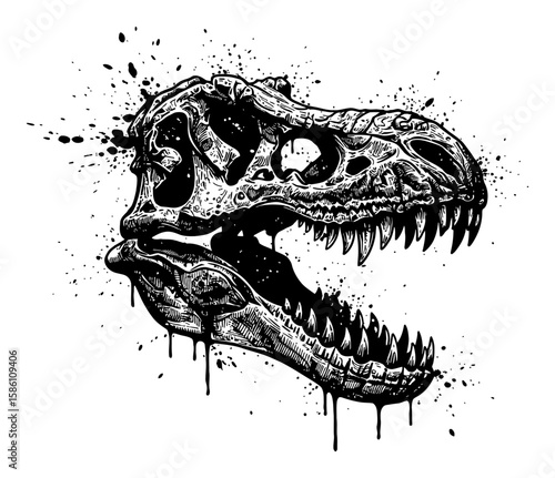 Tyrannosaurus Rex Skull Drip and Splat Abstract Surreal Paint Messy Deep Solid Black and White Outline Line Art Drawing