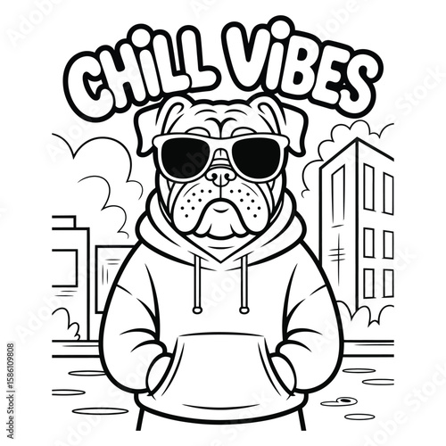 Bulldog wearing sunglasses and hoodie cool urban dog illustration vector for coloring page