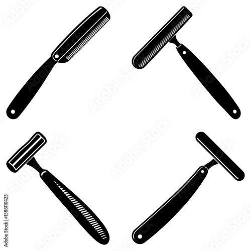 Illustration of four black and white straight razors and a comb on a white background in a square layout