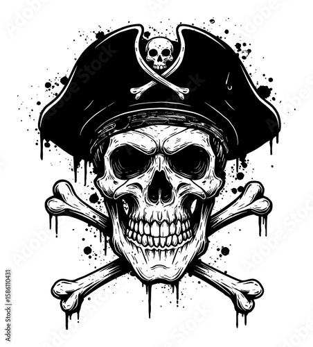 Pirate Skull with Hat Drip Splat Abstract Surreal Paint Messy Black and White Outline Line Art Drawing