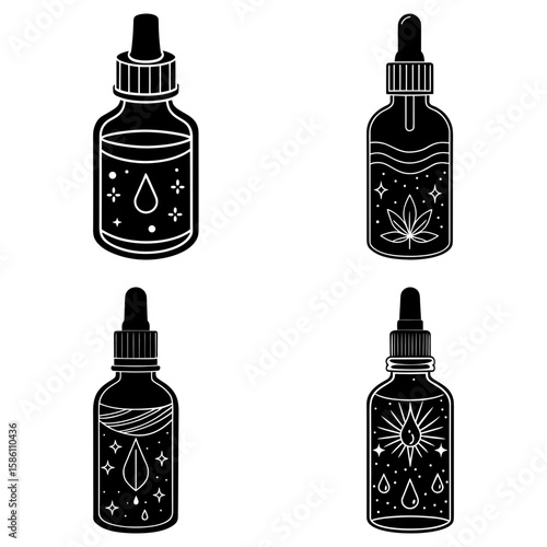 Collection of four tincture bottles with dropper and decorative designs in black and white outline style