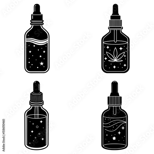 Four black and white dropper bottles with stars and cannabis leaf illustrations in a square format