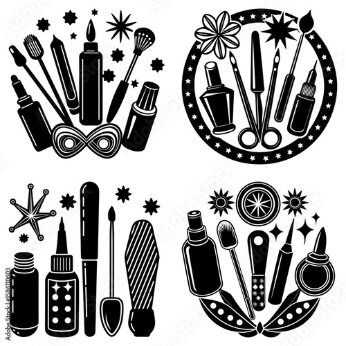 Illustration of cosmetic tools and products including brushes, bottles, and applicators in black and white
