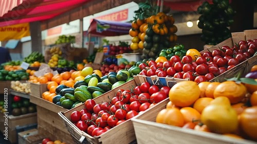 Vibrant fruit market scene with colorful produce displays and shoppers browsing in the background
