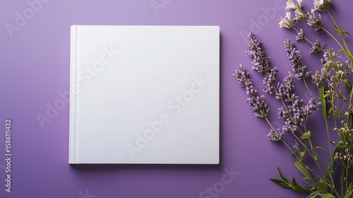 Blank white notebook resting on a vibrant purple surface inviting creativity and ideas in a well-lit workspace