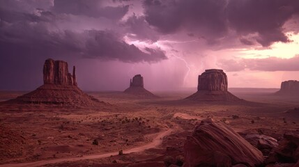Papier peint photo Bordeaux Dramatic desert landscape with buttes, storm clouds, and lightning  © banimakrufah