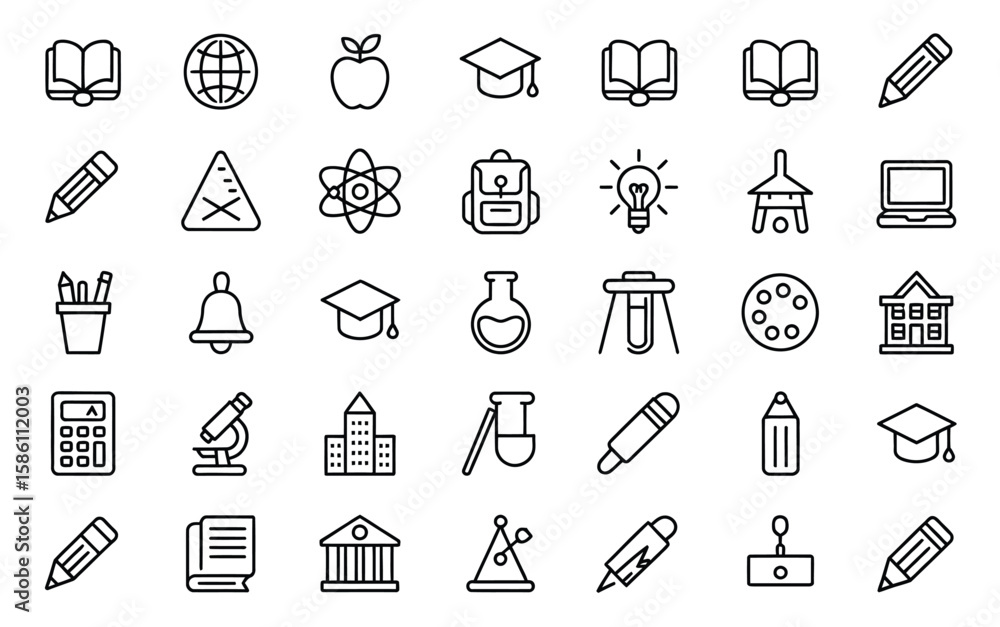 Naklejka premium Collection of Educational Icons Representing a Wide Range of Subjects, School Events, and Classroom Tools for Effective Use in Teaching Materials and Academic Projects
