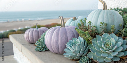 Pastel colored pumpkins and succulents are arranged on a low wall, creating a unique and stylish halloween decoration with a beach atmosphere in the background