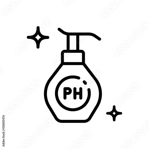 PH balanced packaging of cosmetics and hygienic product. Optimal level of acidity and alkalinity. Hygiene Skin, Wash, Cleansing Concept. Isolated Vector Outline Icon.