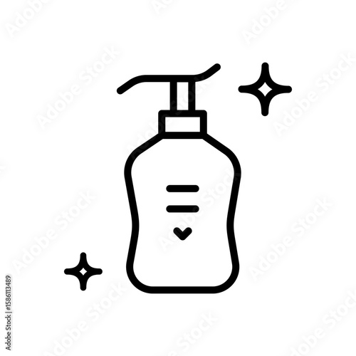 Liquid soap for hands and body. Detergent with dispenser. Hands disinfection. Illustration of cleanser, detergent, shampoo, liquid soap, gel. Vector isolated outline symbol.