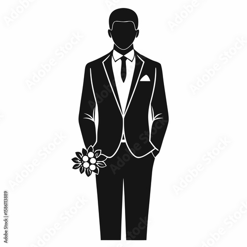 Groom in suit holding flowers tuxedo bouquet