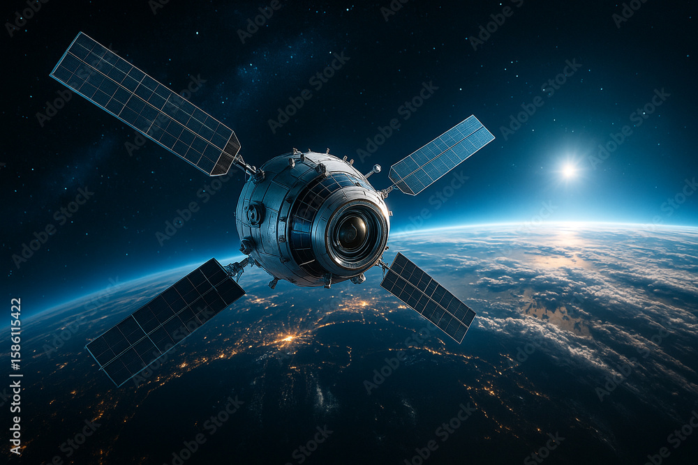 Obraz premium Modern satellite with solar panels orbits earth with city lights visible below