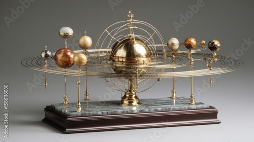 Ornate brass planetary model on a marble base