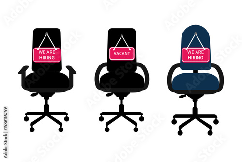 Set of Office Chairs with Vacant and We Are Hiring Signs for Job Vacancy and Recruitment Concepts