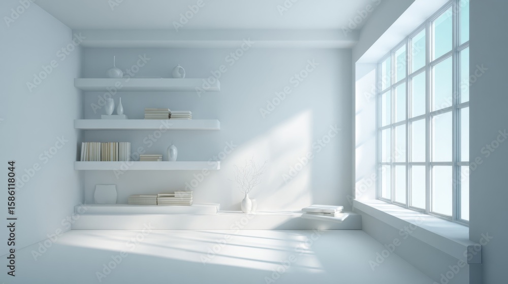 Fototapeta premium Bright minimalist white room with large window and open shelving interior design.