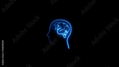 Illuminated neon outline of a human head with the brain highlighted against a black background