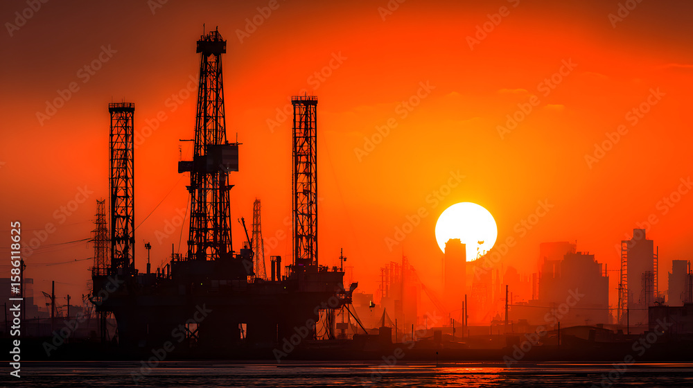 Obraz premium company drilling oil rig sunrise silhouette energy markets sunset growth industrial fuel silhouette